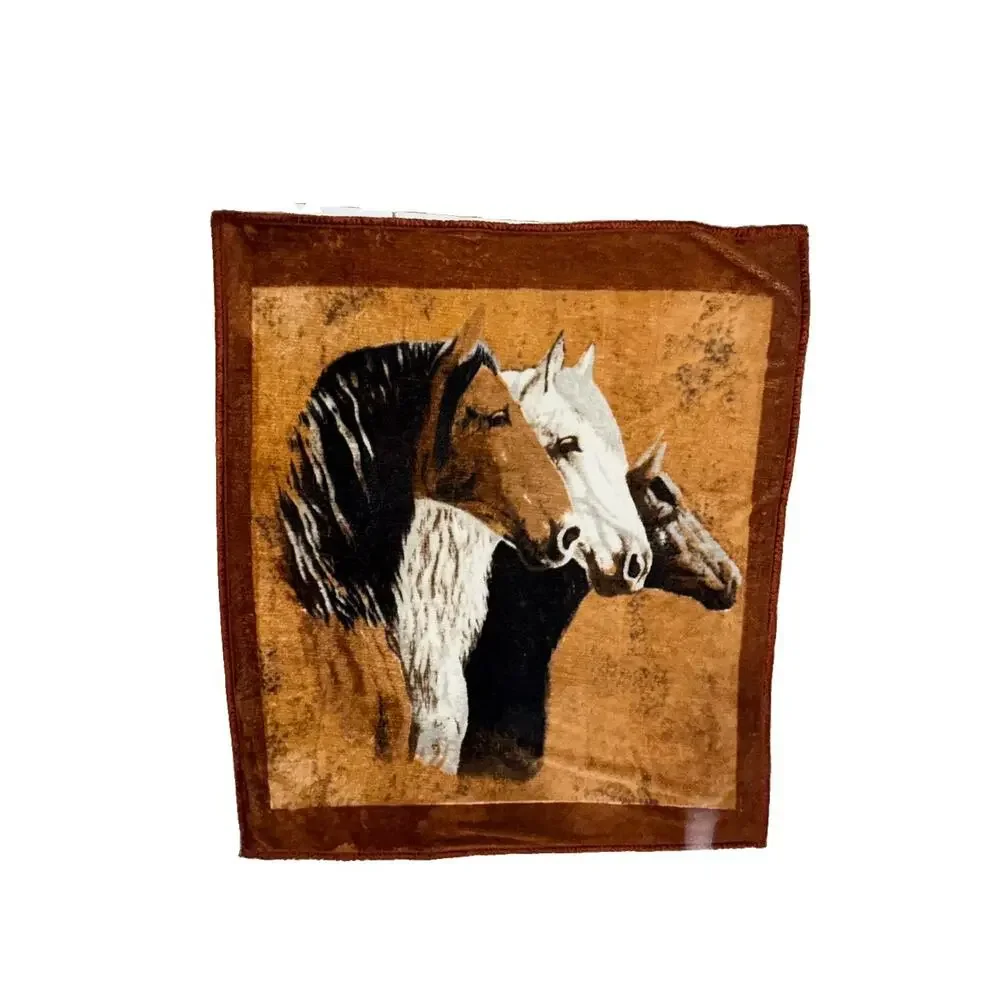 Vintage Thick Reversible Fleece Blanket Accent Quilt Horse & Flower Motifs Brown